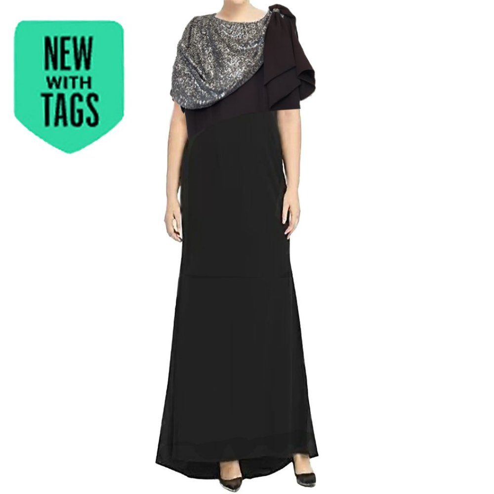 Adrianne Papel Black Crepe Gown with Sequined Drape
